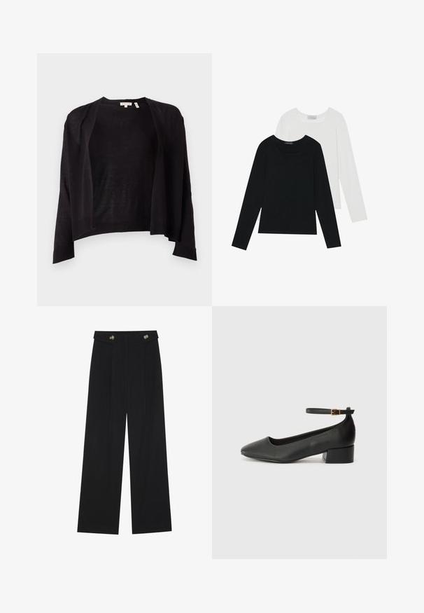 Mustapaita, jossa on rento malli, avoin etuosa, pitkät hihat ja recruitsinne. Valmistettu kevyestä neulomateriaalista. Ei kiinnityksiä.; Kaksi pitkähihainen paitaa, yksi musta ja yksi valkoinen, molemmat neliönmallisella kaula-aukolla ja pehmeästä, joustavasta kankaasta valmistettu.; Mustat leveälahkeiset housut, joissa on korkea vyötärö, napit vyötärönauhassa ja etupuolella laskokset.; Mustat nahkakengät, joissa on terävä kärki ja matala lohkare korko. Varustettu nilkkahihnalla, jossa on kultasävyinen solki. Lisää sileä pinta.