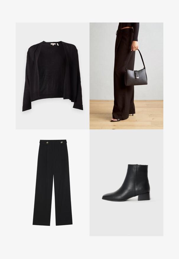 Sort cardigan med afslappet pasform, åben front, lange ærmer og ribbet kant. Lavet af let strikket materiale. Ingen lukninger.; Sort langærmet top med flagrende manchetter, blød tekstur og en afslappet pasform, samt en enkel rund halsudskæring.; Sorte vide bukser med høj talje, knapdetaljer på taljebåndet og frontfald.; Sorte læder ankelstøvle med spidse tæer og en lav blokhæl, der har en glat tekstur og minimalistisk design.; Sort håndtaske med struktureret form, glat overflade og metalspænde. Sammen med brede sorte bukser og sandaler med åben tå på trægulv.
