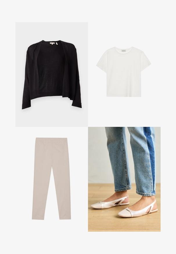 Schwarzer Cardigan mit lockerer Passform, offenem Vorderteil, langen Ärmeln und geripptem Saum. Hergestellt aus leichtem Strickmaterial. Keine Verschlüsse.; Weißes T-Shirt mit kurzen Ärmeln aus weicher Baumwolle. Verfügt über einen runden Halsausschnitt und eine lockere Passform. Sauberes Design ohne sichtbare Muster oder Akzente.; Beige Hosen aus weichem Stoff, mit geradem Schnitt, Fronttaschen und einem sauberen Bund ohne Verzierungen oder Muster.; Blassrosa Slingback-Ballerinas mit spitzem Punkt, aus einem glatten, lederähnlichen Material. Mit Ausschnitten an den Seiten und einem flachen Absatz.