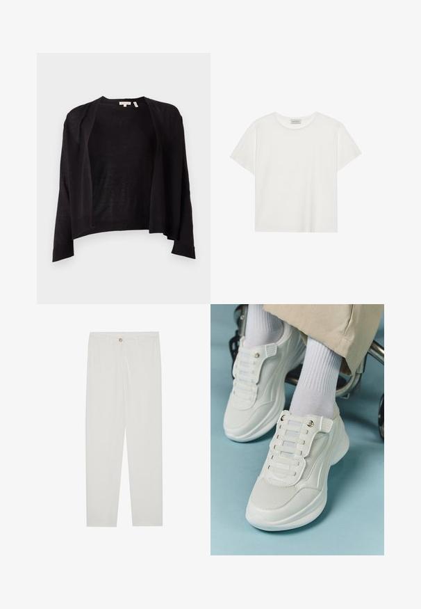 Sort cardigan med afslappet pasform, åben front, lange ærmer og ribbet kant. Lavet af let strikket materiale. Ingen lukninger.; Hvid kortærmet T-shirt lavet af blødt bomuld. Har en rund halsudskæring og en afslappet pasform. Rent design uden synlige mønstre eller accenter.; Hvide, skrædderlavede bukser med lige ben design, udstyret med knaplukning, bæltesløjfer og sidelommer; glat stoftekstur.; Hvide sneakers med mesh-materiale, gummisål, snørebåndsfri design med elastiske bånd og guldtonede accenter.