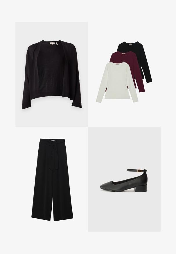 Czarny kardigan o luźnym kroju, z dekoltem z przodu, długimi rękawami i ściągaczem u dołu. Wykonany z lekkiego materiału dzianinowego. Bez zapięcia.; Koszulki z długim rękawem w kolorach białym, burgundowym i czarnym. Wykonane z miękkiej tkaniny, z okrągłym dekoltem i dopasowanym krojem. Idealne do warstwowego ubierania.; Czarne spodnie szerokie z teksturowanej tkaniny, z elastycznym paskiem w talii i odpinanym paskiem w talii dla regulowanego dopasowania.; Czarne skórzane szpilki z ostrym noskiem i niskim słupkowym obcasem. Wyposażone w pasek na kostkę z złotym zapięciem. Gładka tekstura.