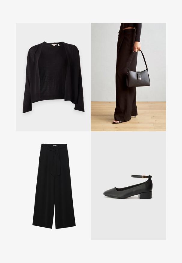 Cardigan negru cu o croială lejeră, deschis în față, mâneci lungi și tiv striat. Fabricat dintr-un material tricotat ușor. Fără închideri.; Tricouri cu mânecă lungă în alb, burgundy și negru. Realizate dintr-un material moale, cu un guler rotund și un design ajustat. Potrivite pentru straturi.; Pantaloni largi negri dintr-un material texturat, cu un tiv elastic și o panglică detașabilă la talie pentru un fit ajustabil.; Pantof cu toc negru din piele, cu vârf ascuțit și toc mic pătrat. Dispune de o curea la gleznă cu o cataramă în tonuri de aur. Textură netedă.; Genți negre cu o formă structurată, textură netedă și un închizător metalic. Asortată cu pantaloni negri largi și sandale cu vârf deschis pe un podea din lemn.