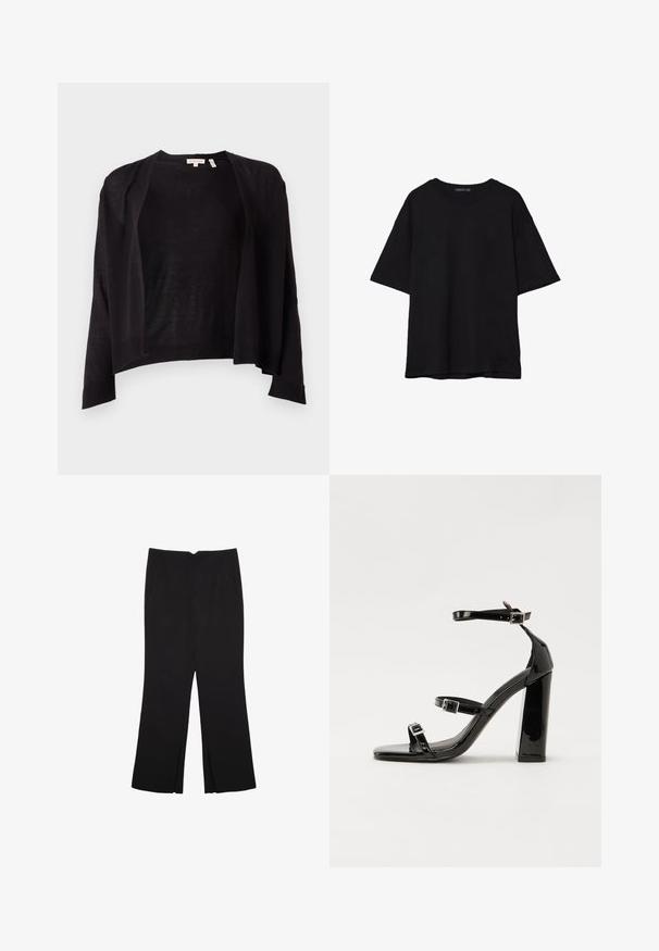 Czarny kardigan o luźnym kroju, z dekoltem z przodu, długimi rękawami i ściągaczem u dołu. Wykonany z lekkiego materiału dzianinowego. Bez zapięcia.; Czarna bawełniana koszulka z luźnym krojem, krótkimi rękawami, okrągłym dekoltem i gładką fakturą. Bez widocznych wzorów ani akcentów.; Czarne spodnie o prostym kroju, z przednimi kieszeniami i bocznymi rozcięciami na dole. Wykonane z miękkiego, gładkiego materiału. Odpowiednie na różne okazje.; Czarne lakierowane sandały na obcasie z kwadratowym noskiem, z paskami wokół kostki i srebrnymi klamrami. Posiadają masywny słupek dla stabilności.