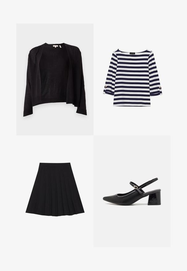 Mustapaita, jossa on rento malli, avoin etuosa, pitkät hihat ja recruitsinne. Valmistettu kevyestä neulomateriaalista. Ei kiinnityksiä.; Laivastonsininen ja valkoinen raidallinen pitkähihainen paita, jossa on venepääntie ja kultaiset napit käärittyissä hihoissa. Pehmeä kangas, rento mitoitus.; Musta taitettu hame, joka on valmistettu teksturoidusta kankaasta ja jossa on tiukka vyötärö. Laskeutuu polveen, ja siinä on suora ja siisti siluetti.; Musta lakattu nahka slingback-korkokengät, joissa on terävä kärki, pyöreä aukko-muotoilu ja lohkokorko. Varustettu kultasävyisellä solkiyksityiskohdalla.