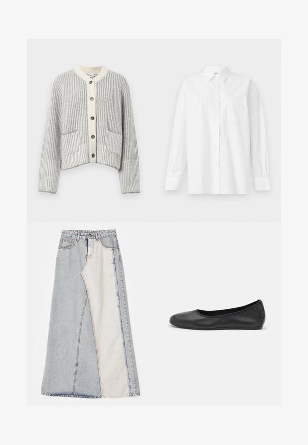 Villasekoitteinen neulejakku harmaana ja luonnonvalkoisena, jossa on pystysuora ribbineulostus, kalanruotokaulus, kuusi tummaa nappia ja kaksi etutaskua.; Valkoinen pitkähihaisessa paidassa on puuvillaa, klassinen kaulus, napitus ja vasemmalla puolella yksi rintatasku.; Hame denim, joka esittelee tilkkutyösuunnittelua vaaleansinisistä ja keskisinisistä osista, repaleisilla helmillä ja korkealla vyötäröllä. Klassinen viisi-taskuinen tyyli.; Musta nahkainen ballerina, jossa on pyöristetty kärki, sileä pinta, minimaalinen ommelkoristelu ja joustava pohjamuotoilu.