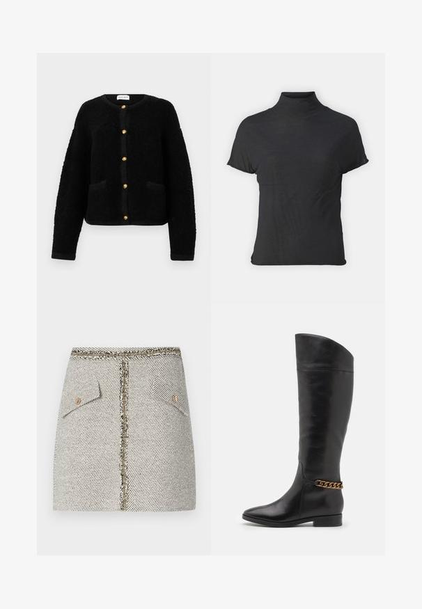 Malina CARLY - Kofta - black; Svart kortärmad polotröja i lätt material med en mjuk textur och en figurnära passform, med en hög halsringning.; Vävt tweedkjol i vitt och svart fiskbensmönster, har två framfickor och en guldfärgad dragkedja bak med fransiga kanter.; Höga svarta läderstövlar med en strömlinjeformad design, spetsig tå och en guldkedja vid vristen. Låg klack. Slät yta.