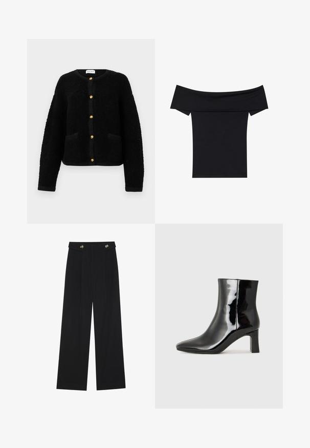 Malina CARLY czarny; Czarny top bez ramiączek wykonany z miękkiego, elastycznego materiału. Posiada krótkie rękawy i dopasowany fason. Prosty, bezszwowy design.; Czarne szerokie spodnie z wysokim stanem, z detalami w postaci guzików na pasku oraz plisami z przodu.; Czarne lakierowane botki za kostkę z wysmukłym noskiem i średniej wysokości obcasem w kształcie słupka. Gładka tekstura i minimalistyczny design.