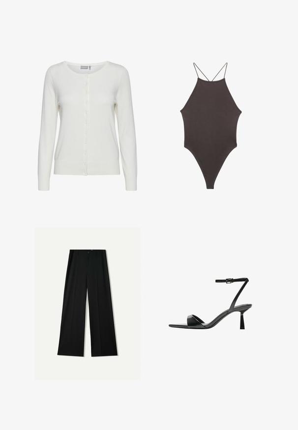 Vit kofta med långa ärmar, rund halsringning och knapplist framtill. Har en mjuk textur och ribbade mudd och nederkant.; Brun, hög nacke baddräkt med tunna, justerbara remmar; har högskuren ben och slät textur. Inga mönster eller dekorationer.; Bershka WIDE - Tygbyxor - black; Bershka Sandaletter - black