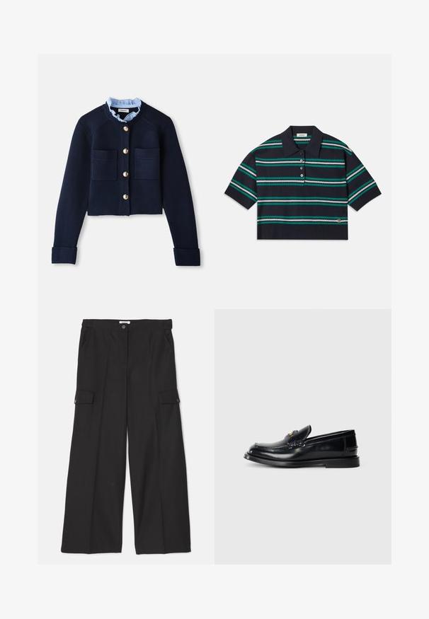 Sötétkék cropped kardigán, két elülső zsebbel, arany gombokkal és világoskék, fodros gallérral. Bordás textúrájú anyagból készült.; Tengerészkék csíkos póló rövid ujjal, amely teal, fehér és szürke csíkokkal rendelkezik. Három gombos kivágás és logó részlet az alján.; Fekete, bő szárú nadrág sima, tartós anyagból. Elöl zsebek, valamint két cargo zseb gombos záródással.; Fekete bőr loaferek, varrott mintával, kis elülső hajtókával és lapos gumitalppal. Simább textúra aranyszínű hardware kiemeléssel.