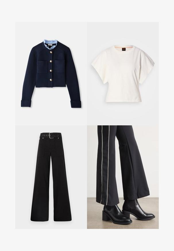 Cárdigan corto azul marino con dos bolsillos frontales, botones dorados y un cuello con volantes en azul claro. Fabricado en material de textura acanalada.; Camiseta blanca recortada, con mangas cortas y anchas, material de algodón suave, cuello redondo con un sutil ribete naranja, diseño minimalista, sin patrones ni gráficos.; Pantalones de pierna ancha negros, hechos de algodón, con cintura alta, grandes bolsillos laterales y una cintura ceñida con un cinturón que presenta acentos de metal plateado.; Botines de cuero negro con tacón cuadrado, con paneles laterales elásticos. Combinados con pantalones negros que tienen una franja blanca lateral.