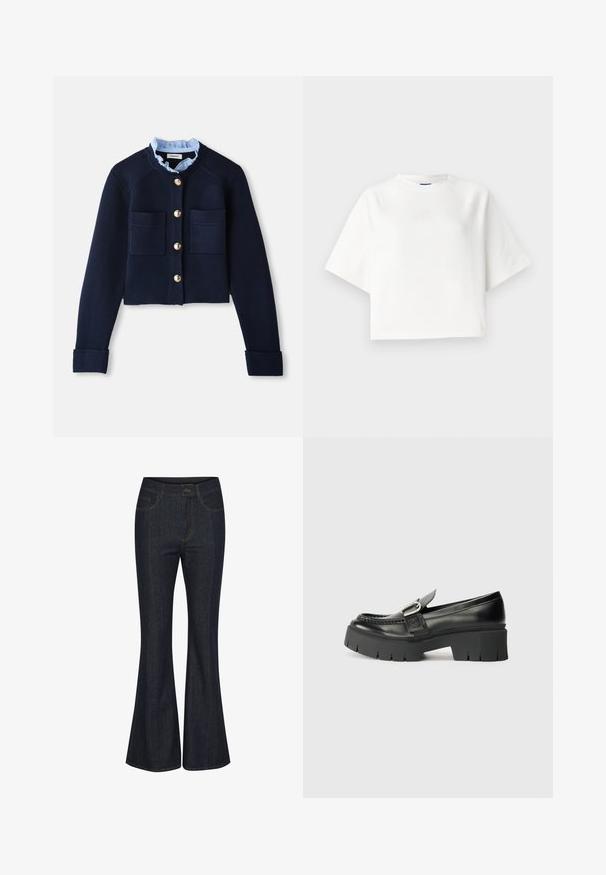 Cardigan scurt de culoare bleumarin, cu două buzunare frontale, nasturi aurii și o guler cu volane de culoare albastră deschisă. Fabricat dintr-un material cu textură ribbed.; Tricou alb supradimensionat cu mâneci raglan scurte, fabricat dintr-un material moale. Prezintă un logo subtil pe piept și un decolteu rotund.; Jeans evazați de culoare albastru închis din denim. Include buzunare frontale, cusături vizibile și un sistem de închidere cu nasture la talie. Textură netedă.; Mocasini negri din piele cu talpă din cauciuc masivă. Prezintă un accent cu cataramă și detalii cusute pe partea superioară. Toc plat.
