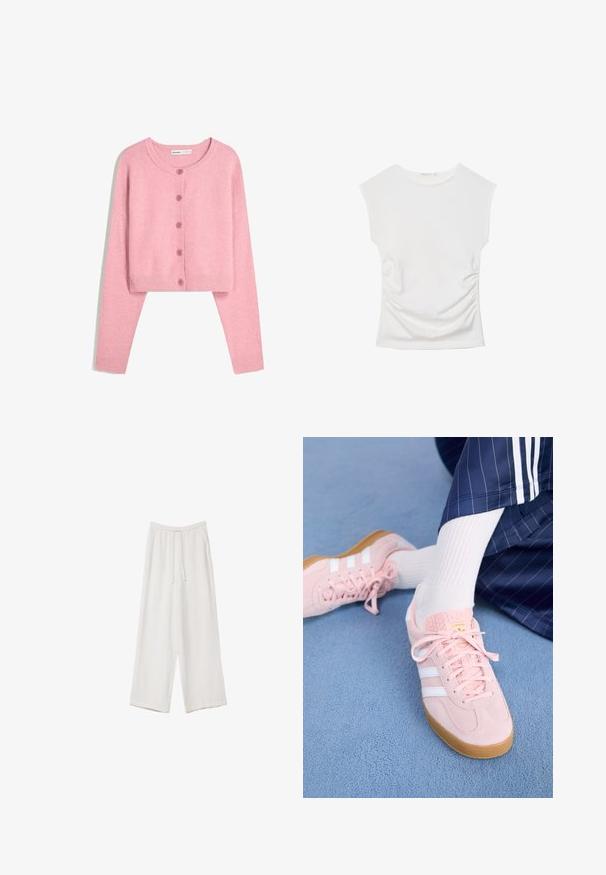 Cardigan corto rosa chiaro realizzato in morbido tessuto, con maniche lunghe, collo rotondo e sei bottoni abbinati sulla parte anteriore. Polsini e orlo a costine.; Top bianco senza maniche con scollo rotondo e leggero arricciatura laterale, mostrato disteso su uno sfondo bianco.; Pantaloni a gamba larga bianchi realizzati in un tessuto leggero. Presentano una vita elastica con cordoncino e tasche laterali. Texture liscia.; Sneakers in suede rosa chiaro con strisce e lacci bianchi, dotati di una linguetta testurizzata e di una suola in gomma, posizionati su un tappeto blu.