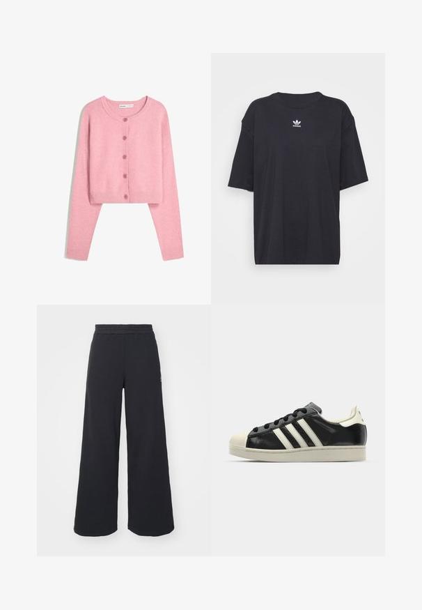 Világos rózsaszínű, rövidített kardigán, puha anyagból készült, hosszú ujjú, kerek nyakú, és hat azonos gomb található az elején. Bordázott mandzsetták és alsó rész.; Fekete pamut póló rövid ujjakkal, kerek nyakkivágással, mellkason fehér Adidas logóval. Egyszerű dizájn, laza fazon.; Fekete, bő szárú melegítőnadrág, puha anyagból készült, rugalmas derékkal és egy kis logóval a bal oldalon.; Fekete bőrsneaker fehér csíkokkal, gumírozott orral, fekete fűzővel és krém színű talppal. Simaság és fényes felület jellemzi.