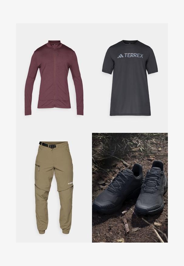 Maroon zip-up jacket with a stand collar, long sleeves, and stretch fabric; features side pockets and smooth texture.; Black short-sleeve t-shirt made of lightweight fabric, featuring a light gray “TERREX” logo across the chest and a crew neckline.; Beige outdoor pants with a belt, zippered side pockets, and elastic cuffs. Features a zip-off design for versatility and a smooth texture.; Black athletic shoes with a textured knit upper, reinforced toe, and cushioned sole, displayed on earthy ground with scattered twigs.