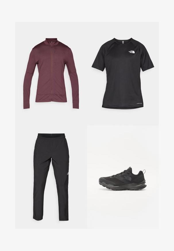 Maroon zip-up jacket with a stand collar, long sleeves, and stretch fabric; features side pockets and smooth texture.; Black short-sleeve athletic shirt with a textured fabric, featuring a white logo on the left chest and a straight hem.; Black athletic pants with an elastic waistband, made of lightweight fabric, featuring a small logo on the lower leg and a straight leg design.; Black athletic shoe with mesh upper, rubber outsole, and padded collar. Features laces, logo on the side, and a textured design.