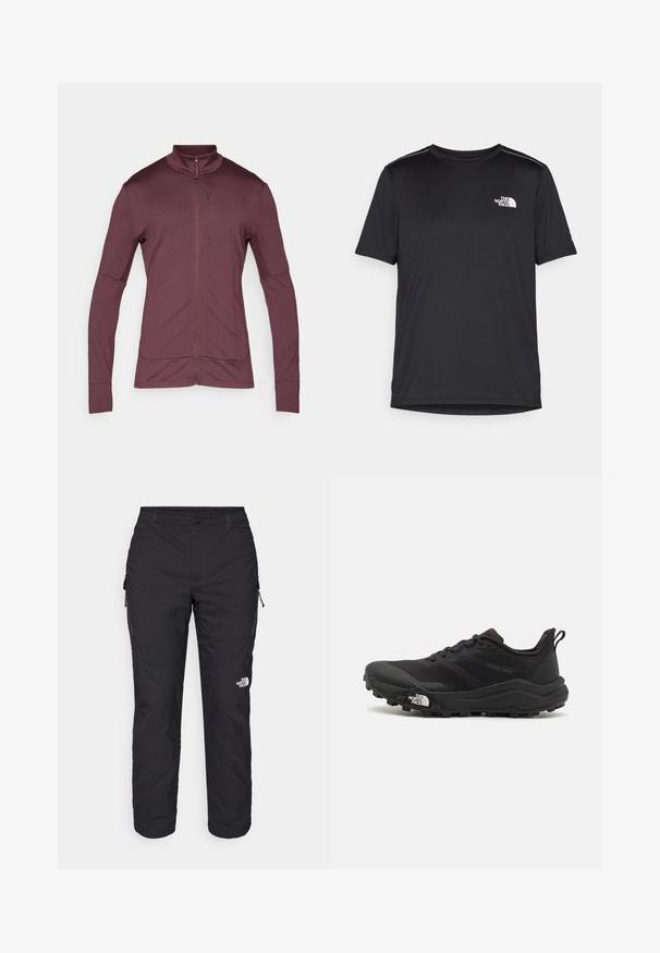 Bordeaux zip-up jakke med ståkrave, lange ærmer og strækstof; har sidelommer og glat tekstur.; Svart kortermet T-skjorte laget av lett materiale. Har en liten hvit logo på venstre bryst og subtile skulderdetaljer.; The North Face WINTER EXPLORATION TAPERED CARGO - Friluftsbukser - black; Svart terrengløpesko med teksturert overdel, gummisåle og forsterket tåhette. Har polstret krage og løftestropp for enkel påkledning.