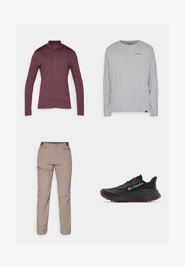 Bordo zip-up jaka ar stāvu apkakli, garām piedurknēm un elastīgu audumu; ar sānu kabatām un gludu tekstūru.; Gaiši pelēks garām piedurknēm t-krekls, izgatavots no mīksta, teksturēta auduma. Ar apaļu izgriezumu un nelielu zilu Patagonia logotipu uz krūtīm.; Salomon WAYFARER PANTS - Āra bikses - iron; Melnas sporta kurpes ar teksturētu augšdaļu, sarkanām auklām un logotipu. Bieza zole ar rakstainu protektoru, lai nodrošinātu saķeri. Minimālisma dizains, sānu skats.