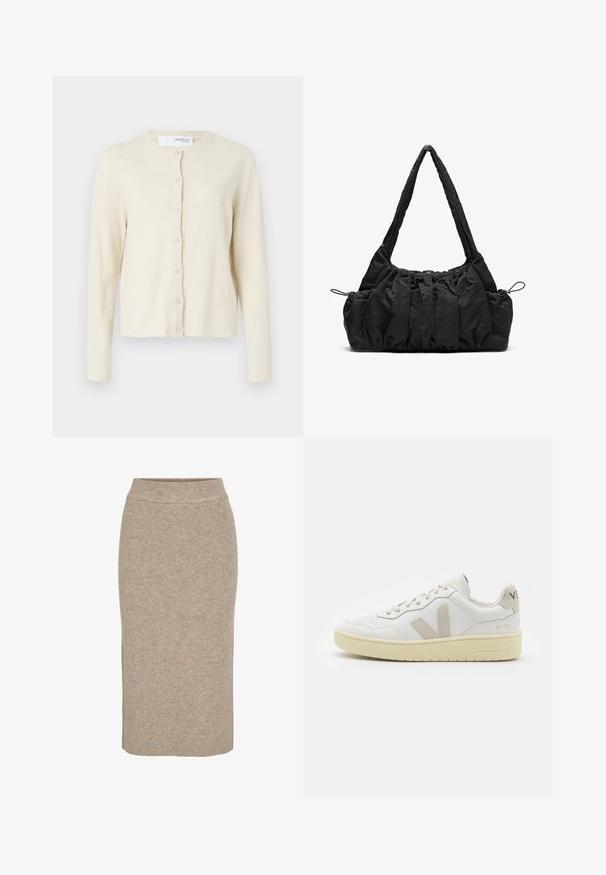 Kremowy kardigan z długimi rękawami, okrągłym dekoltem i zapięciem na guziki z przodu. Wykonany z miękkiego, lekkiego materiału dzianinowego.; Top typu crop w off-white dzianinie. Długie rękawy o prążkowanej teksturze oraz małe wycięcia wokół dekoltu.; Dzianinowa spódnica ołówkowa w jasnym beżu, z prążkowaną teksturą, wysokim stanem i dopasowanym krojem. Długość do kolan.; Białe skórzane trampki z beżowymi zamszowymi akcentami, perforowanym noskiem, płaskimi sznurowadłami i teksturowaną kremową podeszwą. Posiadają subtelne logo na pięcie.; Czarna torebka z tkaniny z marszczoną fakturą, z dwoma ramiączkami i sznurkiem do ściągania po bokach. Gładki, lekki materiał.