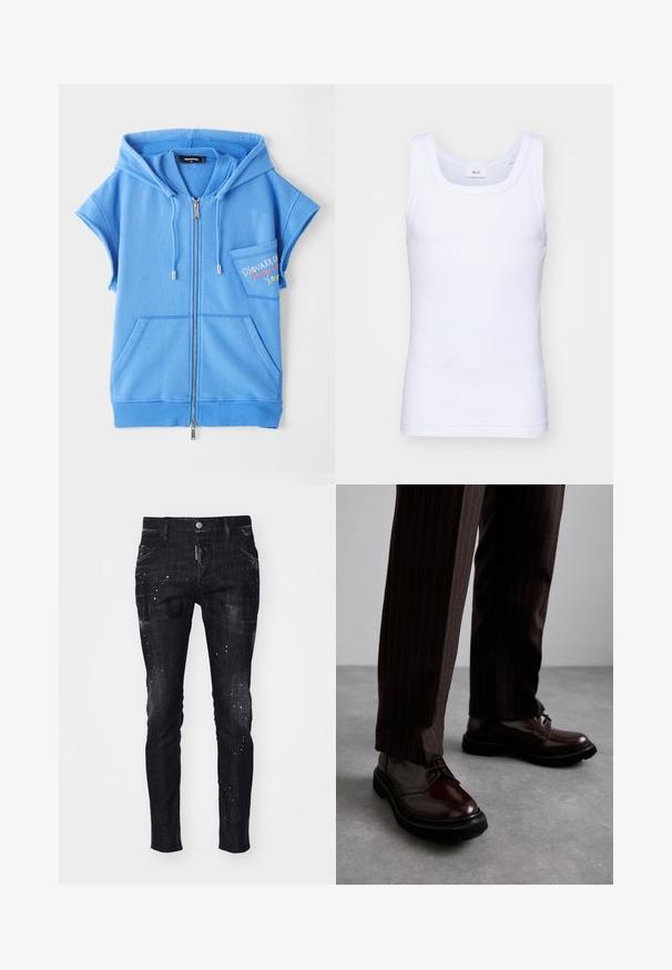 Mėlynas užtrauktuku užsegamas liemenės tipo džemperis, pagamintas iš minkštos medžiagos, su priekinėmis kišenėmis, trumpomis rankovėmis ir įsiūtu tekstu ant krūtinės.; Balti medvilninė be rankovių marškinėliai su apvaliu iškirpimu, pasižymintys lygiu tekstūru ir prigludusia forma, skirti kasdieniam dėvėjimui.; Juodi lieso silueto džinsai iš džinso, pasižymintys dėvėtu efektu, dėmių raštu ir priekinių kišenių. Priekyje matomas prekės ženklas.; Rudos odinės bateliai su raišteliais, blizgiu paviršiumi, juoda gumine absorbcija ir subtilia siūle. Dėvimi su rudos spalvos dryžuotomis kelnių.