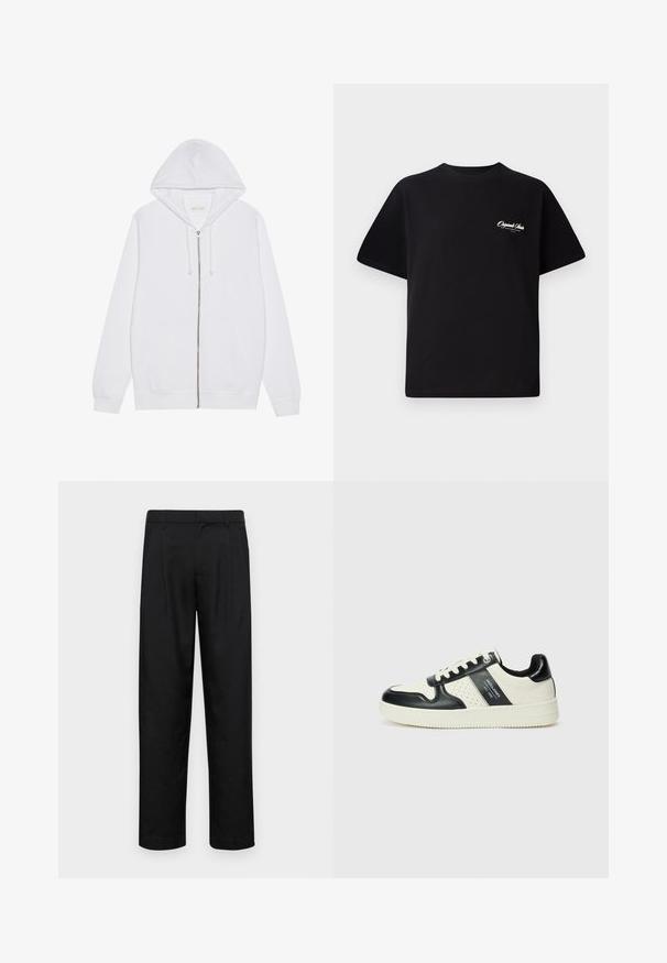 Sweatshirt com fecho éclair branco feito de um tecido misto de algodão. Apresenta bolsos frontais, capuz com cordão e punhos e bainha canelados. Textura suave.; T-shirt de algodão preto com decote redondo, mangas curtas e pequeno texto de logo branco no lado esquerdo do peito. Design simples, corte clássico.; Calças pretas feitas de tecido suave, com um design de perna reta, dois pregas frontais e uma cintura padrão com passantes para cinto.; Ténis de couro com um esquema de cores em preto e creme, apresentando detalhes perfurados, um colarinho acolchoado e uma sola texturizada.