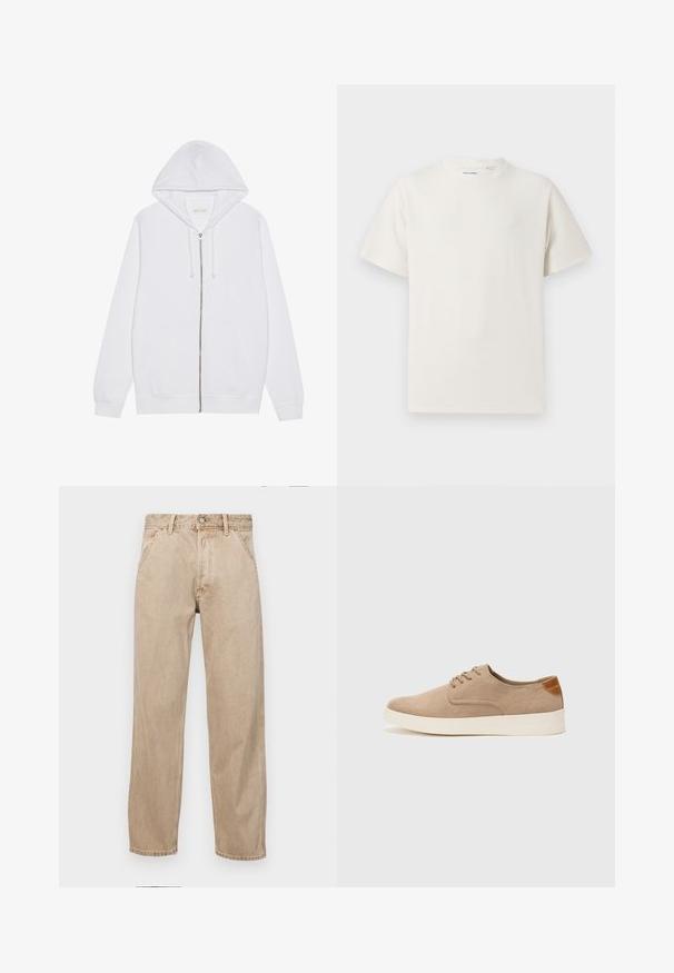 Weiße Zip-Hoodie aus Baumwollmischgewebe. Verfügt über Fronttaschen, Kapuze mit Kordelzug und gerippte Bündchen sowie Saum. Glatte Textur.; Weißes T-Shirt mit kurzen Ärmeln in gerippter Textur. Runder Ausschnitt, lockere Passform, keine sichtbaren Muster oder Akzente. Einfaches und vielseitiges Design.; Beige Denim-Jeans mit geradem Beinschnitt, ausgestattet mit Vordertaschen, einem Metallknopfverschluss und feiner Textur.; Beige Wildleder-Sneaker mit runder Zehenpartie, Schnürung und strukturiertem Rückenteil. Die weiße Gummisohle sorgt für einen Kontrast. Einfaches und modernes Design.