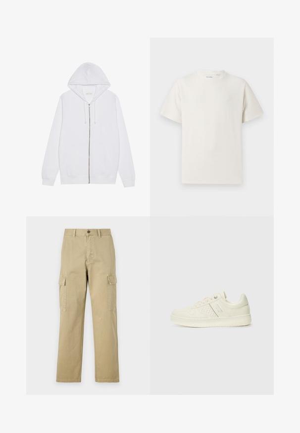 Hanorac alb cu fermoar, realizat dintr-un amestec de bumbac. Dispune de buzunare frontale, glugă cu șnur și manșete și tiv cu fagure. Textură netedă.; Tricou alb cu maneci scurte, dintr-un material ribbed. Guler rotund, croi lejer, fără modele sau accente vizibile. Design simplu și versatil.; Pantaloni cargo bej din bumbac, cu două buzunare laterale, închidere cu nasture și picioare drepte dintr-un material ușor texturat.; Adidași crem cu detalii perforate, șireturi și logo pe lateral, expuși pe un fundal alb simplu.