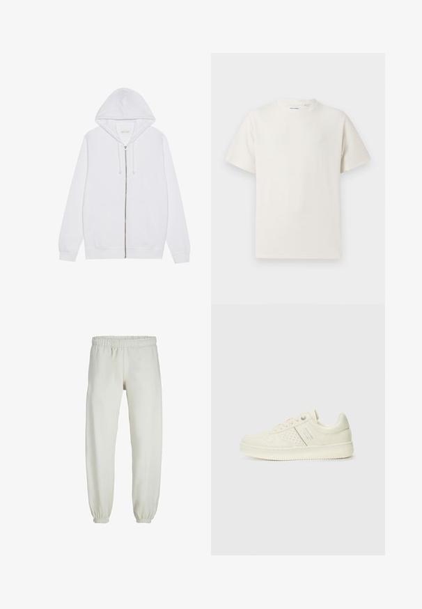Sudadera blanca con cremallera, confeccionada en una mezcla de algodón. Cuenta con bolsillos frontales, capucha con cordón ajustable y puños y dobladillo de canalé. Textura suave.; Camiseta blanca de manga corta en textura acanalada. Cuello redondo, corte relajado, sin patrones ni acentos visibles. Diseño simple y versátil.; Pantalones de chándal blancos hechos de una tela suave, con cinturilla y puños elásticos, que presentan una textura suave y un diseño holgado.; Zapatilla color crema con detalles perforados, cordones y logotipo en el lateral, exhibida sobre un fondo blanco liso.