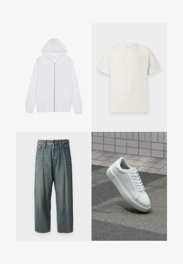 White zip-up hoodie made of cotton blend fabric. Features front pockets, drawstring hood, and ribbed cuffs and hem. Smooth texture.; White short-sleeve T-shirt in a ribbed texture. Round neckline, relaxed fit, no visible patterns or accents. Simple and versatile design.; Light blue denim jeans with a loose fit, mid-rise waist, and straight legs. Features five pockets, belt loops, and a button closure.; White leather sneaker with a smooth surface, round toe, and flat white laces. Features a textured rubber sole and minimal design elements.