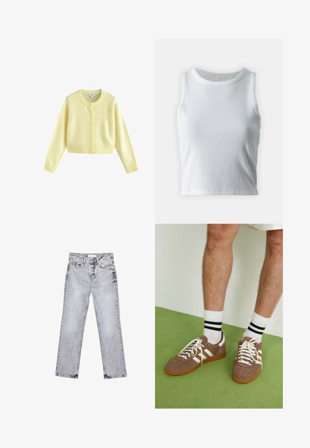 Next REGULAR FIT - CREW NECK - Vest - yellow; Witte geribde tanktop met een ronde halslijn en mouwloos ontwerp, voorzien van een rechte zoom en een gladde, rekbare textuur.; Grijze denim jeans met een rechte pijp, versleten details, vijf zakken en koperen klinknagels. De tailleband is voorzien van een logo-label.; Bruine suède sneakers met witte accenten en veters. Rubberen gumzool. Draag met witte sokken met zwarte strepen. Groene gestructureerde vloer.
