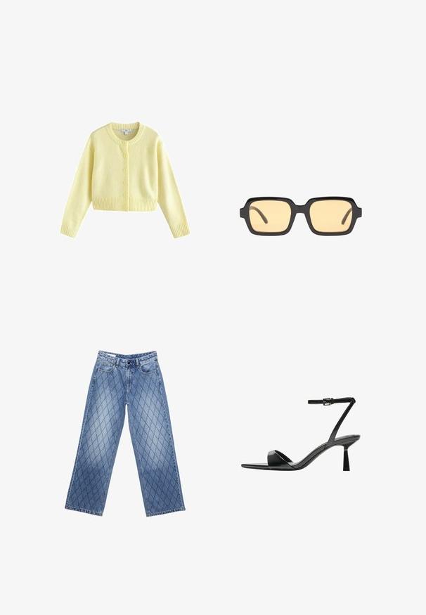 Next REGULAR FIT - CREW NECK - Strickjacke - yellow; Schwarzes Kurzarm-T-Shirt aus weichem Stoff, mit Rundhalsausschnitt und lockerer Passform, glatter Textur und ohne Muster.; Weite Jeans aus Denim in Hellblau mit einem gesteppten Diamantmuster, ausgestattet mit fünf Taschen und einem Knopfverschluss an der Taille.; Bershka High Heel Sandalette - black; Schwarze rechteckige Sonnenbrillen mit gelben Gläsern, leichtem Rahmen und charakteristischen stumpfen Kanten an den Bügeln. Glatte, glänzende Oberfläche.; Gelbe, gefaltete Handtasche aus glattem Kunstleder mit weicher Form, einzigem Schulterriemen und gerafftem Oberteil.