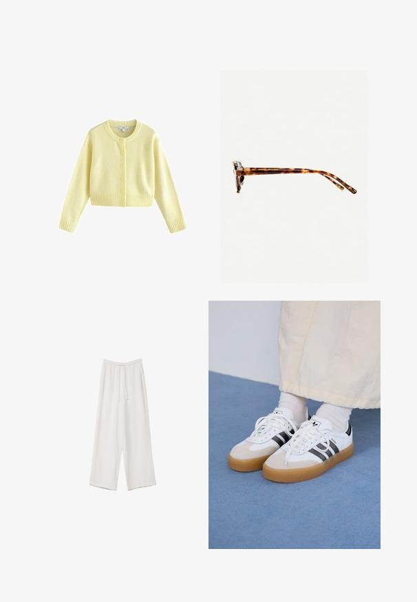 Next REGULAR FIT - CREW NECK - Kardigan - yellow; Bílé tričko s krátkým rukávem vyrobené z bavlny, s dekorativní krajkovou aplikací na rukávech a kulatým výstřihem.; Bílé široké kalhoty vyrobené z lehké tkaniny. Mají elastický pas se šňůrkou a boční kapsy. Hladká textura.; Bílé tenisky s černými pruhy a béžovými semišovými akcenty. Mají texturovanou gumovou podrážku a ploché bílé tkaničky, nošeny s světlými ponožkami.; Sluneční brýle v želvovinovém designu s tlustým rámem, mírně zakřivenými spánky a hladkým povrchem. Klasický design s lesklým finišem.