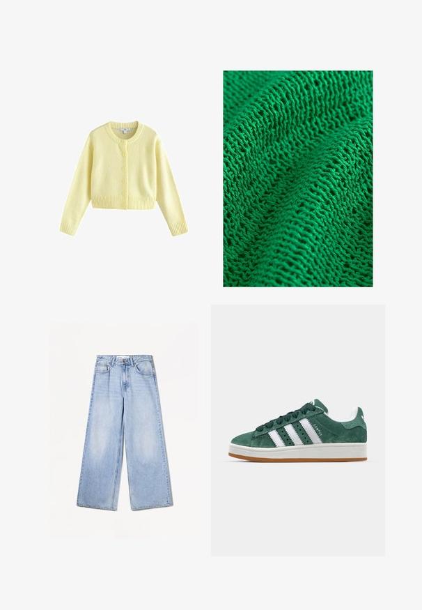Next REGULAR FIT - CREW NECK - Strickjacke - yellow; Grüner Strickstoff mit einem strukturierten Muster und einer lockeren, offenen Webart, die feine Garne und mehrere sichtbare Stiche präsentiert.; Bershka WIDE-LEG - Wide Leg - light-blue denim; Grüne Wildleder-Sneaker mit weißen Lederstreifen, Gummisohle, gepolsterter Kragen und minimalistischem Design. Mit Branding an der Seite.
