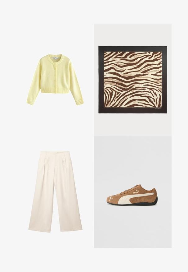 Next REGULAR FIT - CREW NECK - Cardigan - yellow; Top senza maniche marrone realizzato in tessuto elasticizzato, con un dettaglio anteriore attorcigliato, accenti laterali arricciati e un collo rotondo.; Pantaloni a gamba larga di un leggero colore beige con un tessuto morbido e texture. Presentano pieghe frontali e una vita elasticizzata per una vestibilità comoda.; Sneaker bassa in suede marrone con accenti crema, superficie texture, suola in gomma nera e logo ricamato sul lato e sulla linguetta.; Tappeto a strisce zebra in marrone e crema con una superficie texturizzata, bordato da un solido telaio nero. Presenta linee ondulate e organiche in tutto il design.