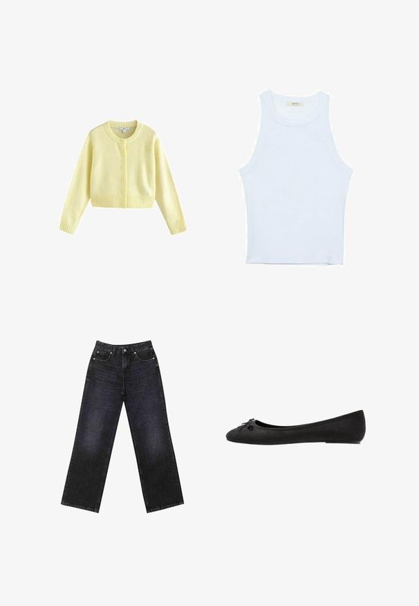 Next REGULAR FIT - CREW NECK - Cardigan - yellow; White tank top, ribbed texture, round neckline, sleeveless design, fitted shape, subtle branding on the label inside the collar area.; High-waisted black denim jeans with a wide-leg cut, five-pocket design, and visible stitching. Fabric has a smooth, slightly textured finish.; Black suede ballet flats with a rounded toe, featuring a decorative bow on the front and a flat sole design. Smooth texture and classic shape.