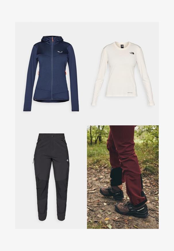 Tumedast sinine spordijope, millel on istuv disain, tekstureeritud kangas, kapuuts ja kaks esist zip-lock taskut. Omab oranže tõmblukke ja logo aktsente.; The North Face SHADOW LONG SLEEVE - Pikkade varrukatega topp - white dune; Must black välitingimustes püksid, mis on valmistatud vastupidavast kangast. Omavad lukugaTaskuid, tugevdatud põlvepaneele ja sirget lõiget liikuvuse tagamiseks.; Pruunid matkajalatsid mustade aktsentidega ja robustsete tallaga, koos marooni värvi veekindlate pükstega, millel on mustad külgpaneelid ja lukud.