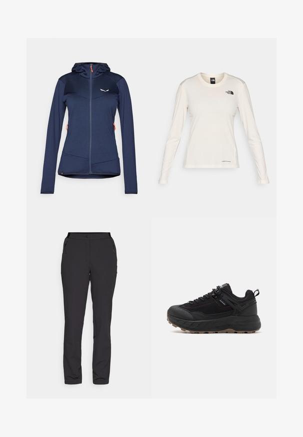 Marineblå treningsjakke med en tettsittende design, teksturert stoff, hette og to frontlommer med glidelås. Har oransje glidelåsdragere og logo detaljer.; The North Face SHADOW LONG SLEEVE - Topper langermet - white dune; Sorte utendørsbukser laget av lett stoff har en rett bendesign, glidelåslommer på siden og en justerbar midje.; Sorte idrettssko med en teksturert overdel av lær og stoff, mønstret såle, forsterket tå og justerbart snøresystem.