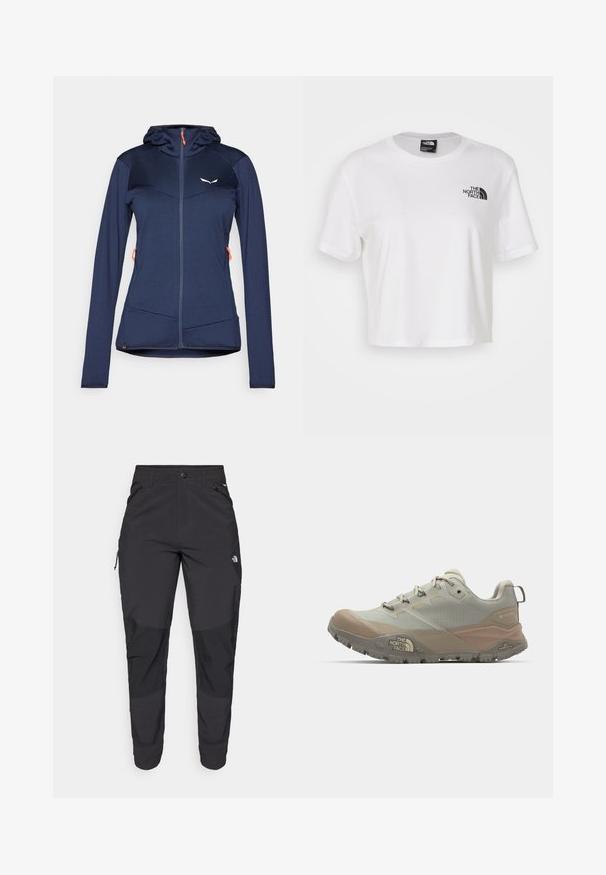 Mornarsko plava sportska jakna s prilagođenim dizajnom, teksturiranom tkaninom, kapuljačom i dva prednja zip džepa. Ima narančaste poteze zatvarača i logotip akcenta.; Bijela kratka majica od pamuka s okruglim izrezom i kratkim rukavima. Sadrži crni logo na lijevoj strani prsnog koša.; Crne vanjske hlače izrađene od izdržljivog materijala. Imaju džepove sa zatvaračem, ojačane paneli na koljenima i ravni kroj za slobodu pokreta.; Svijetlosiva atletska cipela s bež naglascima, izrađena od sintetičkog materijala. Ima robustan potplat, dizajn na vezanje i branding sa strane.