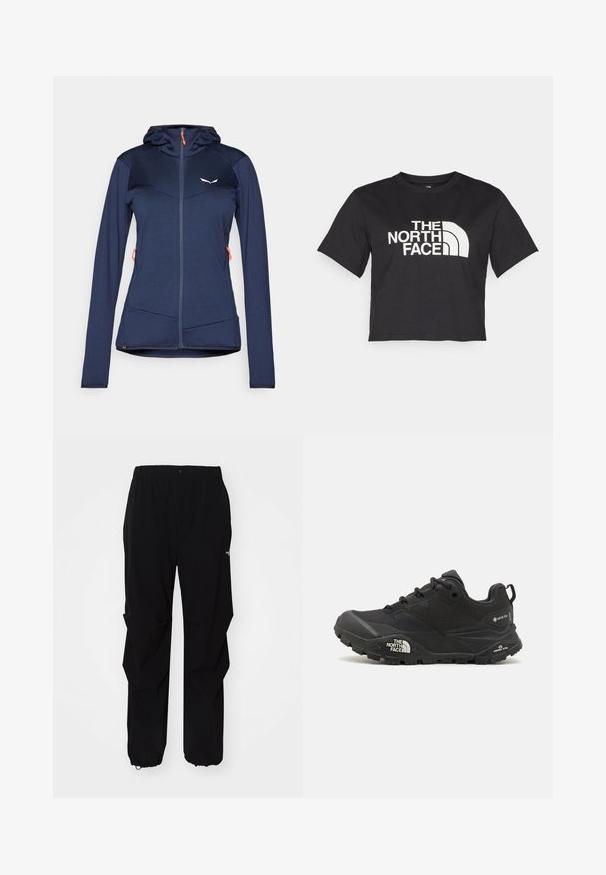 Sötétkék sportdzseki, testhez simuló fazonnal, textúrált anyagból készült, kapucnival és két elülső cipzáras zsebbel. Narancssárga cipzárhúzók és logó részletek jellemzik.; Fekete, vágott ujjú, pamut póló, fehér logóval, amely ívelt díszítéseket és a "THE NORTH FACE" feliratot tartalmazza az elején. Rövid ujjú, kerek nyakú.; Fekete kültéri nadrág, tartós anyagból készült, laza fitnesz, rugalmas derékpánttal és állítható hosszúságú, behúzható szárakkal rendelkezik.; Fekete túrázó cipő texturált felsőrésszel, fűzős záródással és vastag gumitalppal, mely oldalán egy kiemelkedő logó és mintázott talpkialakítás található.