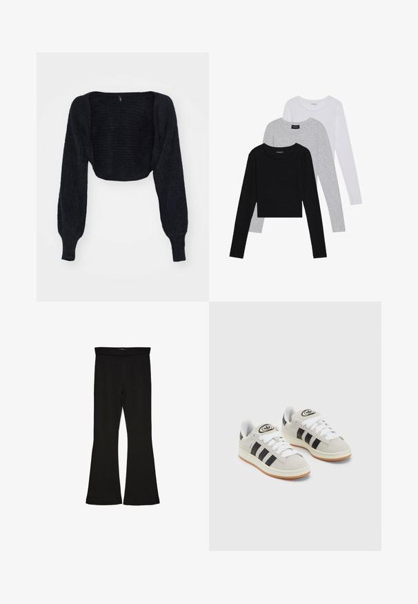 ONLY ONLAMANDA BOLERO  - Cardigan - black; Three long-sleeve tops stacked: black, grey, and white. Each has a round neckline and a cropped design with smooth, lightweight fabric.; Black flare leggings made from stretchy fabric. Features a wide waistband and a smooth texture, with a fitted silhouette that flares at the hem.; Gray suede sneakers with white laces, black stripes, and a white rubber sole. Features a circular logo on the tongue and a gum sole.