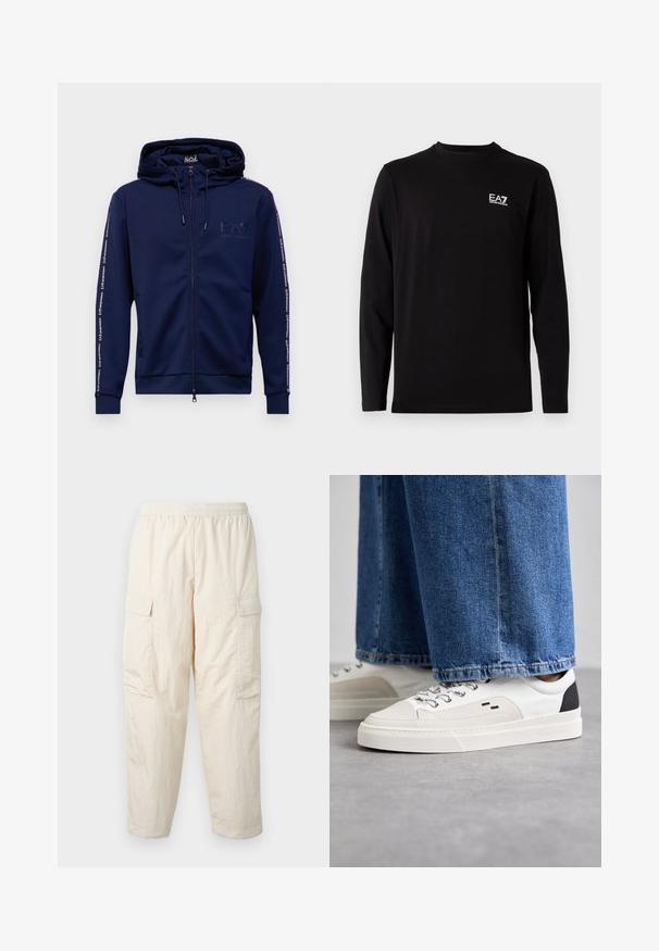 EA7 Emporio Armani FELPA - Mikina s kapucňou - navy; Čierna košeľa s dlhým rukávom vyrobená z mäkkej tkaniny. Obsahuje malé biele logo na ľavej strane hrude. Jednoduchý, okrúhly výstrih a rovný strih.; Béžové cargo nohavice s elastickým pásom, obsahujúce dve bočné vrecká a mäkký, ľahký materiál. Zvrásnená textúra.; Biele a čierne tenisky s hladkým koženým zvrškom, štruktúrovanými akcentmi a masívnou bielou podrážkou. Obsahujú klasický dizajn so šnurovaním.