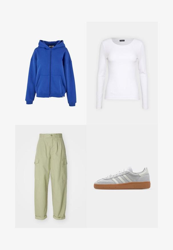 Modrá zipsová mikina vyrobená z mäkkej tkaniny, s priestrannou kapucňou, prednými vreckami a pružnými manžetami. Jednoduchý a univerzálny dizajn.; Biely rebrovaný top s dlhým rukávom a okrúhlym výstrihom. Vyrobený z pružného materiálu, ktorý obopína telo. Obsahuje jemné horizontálne pruhy.; Svetlozelené cargo nohavice vyrobené z bavlnenej tkaniny. Vyznačujú sa vysokým pásom, ohrnutými manžetami a dvoma bočnými cargo vreckami pre zvýšenú funkčnosť.; Svetlo šedé semišové tenisky s bielymi koženými akcentmi, tromi bielymi pruhmi a hnedou gumovou podrážkou, s polstrovaným golierom pre pohodlie.