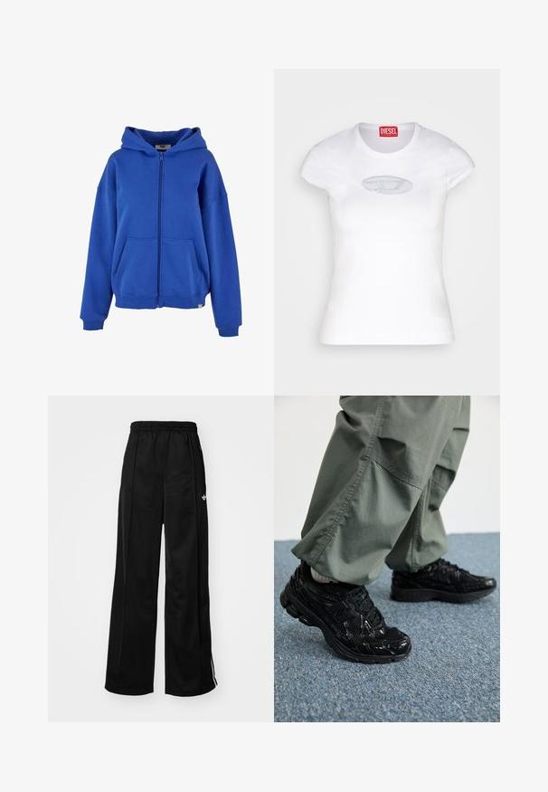 Sinine lukuga kapuutsiga jackett, mis on valmistatud pehmest kangast. Sellel on avar kapuuts, eesmine tasku ja soonikkoes varrukad. Lihtne ja mitmekülgne disain.; Valge sobiv t-särk, mis on valmistatud puuvillast, ümarate krae ja lühikeste varrukatega, esiküljel on helesinine brodeeritud logo.; Mustad laiad spordipüksid elastse vöökohtaga, millel on valged külgtriibud ja väike logo vasakul puusal. Sile kangateksam.; Mustad mustad jooksukingad läikiva ja võrgumaterjaliga tekstuuriga, paksu tallaga ja paeltega, koos lodevate oliiviroheliste cargo-pükstega.