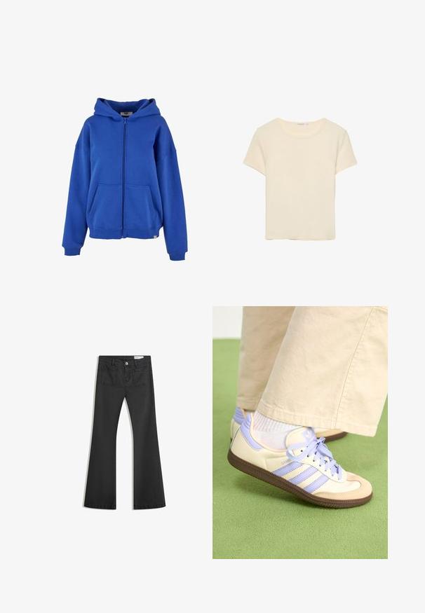 Blå lynlås-hoodie lavet af blødt stof, med en rummelig hætte, forlommer og ribbede manchetter. Simpelt og alsidigt design.; Cremefarvet, kortærmet t-shirt lavet af blødt stof. Har en klassisk rund halsudskæring og en afslappet pasform, uden mærkbare mønstre eller detaljer.; Sorte flared jeans lavet af denim med en glat tekstur, som har to baglommer og en knaplukning i taljen.; Creme og lavendel sneakers med tre striber og en tekstureret brun sål, der har snørebånd og en polstret hæl. Blødt stof øvre.