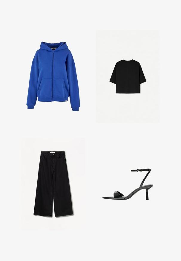 Sweat à fermeture éclair bleu fabriqué en tissu doux, doté d'une capuche spacieuse, de poches avant et de poignets côtelés. Design simple et polyvalent.; T-shirt noir surdimensionné avec des manches courtes, un col rond et un ourlet droit. Fabriqué en coton doux avec une texture lisse. Vue arrière seulement.; Bershka WIDE-LEG - Wide Leg - black; Bershka Sandales à talons hauts - black