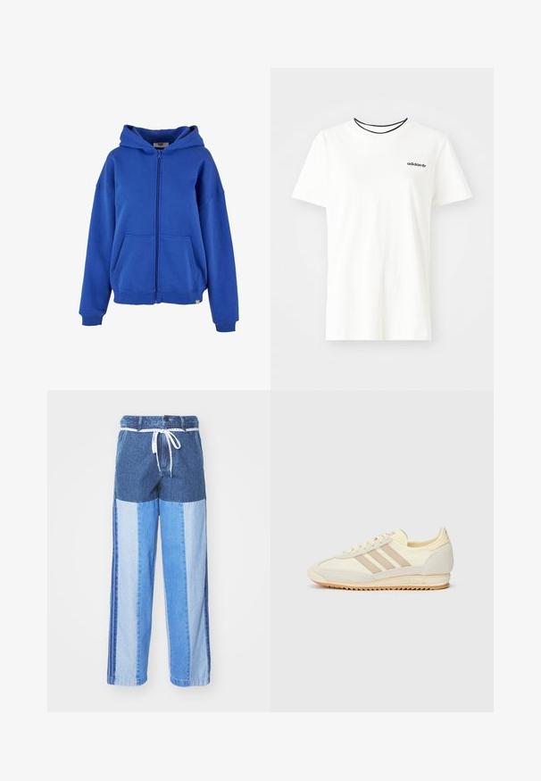Modrá mikina na zip vyrobená z měkké látky, která má prostornou kapuci, přední kapsy a pružné manžety. Jednoduchý a univerzální design.; Bílý bavlněný tričko s krátkými rukávy a kulatým výstřihem. Má černé logo Adidas na hrudi a kontrastní černý vnitřní límeček.; Modré džíny s patchworkovým vzorem v různých odstínech modré, šňůrkovým pasem a volnými, rovnými nohavicemi.; Krémové sportovní tenisky s třemi béžovými pruhy, z velurové a textilní materiály, s texturovanou podrážkou a embosovaným logem na patě.