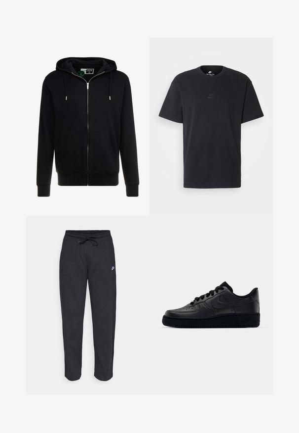 Svart zip-up hoodie tillverkad av bomull, med en dragsko i huvan, framfickor och ribbade muddar och fåll. Slät textur, enkel design.; Svart t-shirt i bomull från Nike med klassisk rund halsringning, korta ärmar och en diskret, präglad logotyp på bröstet. Slät textur.; Svarta träningsbyxor i mjukt tyg med elastisk midja, dragsko och en liten Nike-logotyp på vänster lår.; Svart Nike Air Force 1-sneaker med en slät läderöverdel, perforerad tå för andningsförmåga, svarta snören och en strukturerad gummisula.
