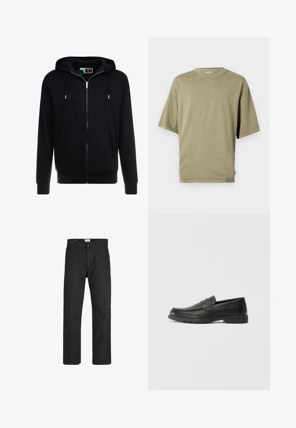 Melnā kapuci ar rāvējslēdzēju, izgatavota no kokvilnas, ar regulējamu kapuci, priekšējiem kabatām un ribotām piedurknēm un apakšmalu. Gluda tekstūra, vienkāršs dizains.; Olīvu zaļa tāsa īsu piedurkņu kreklā, kas izgatavots no mīksta auduma, ar apaļu izgriezumu un brīvu piegriezumu ar iešūtiem malām.; Melnas bikses no izturīga auduma, ar taisna griezuma dizainu, izšūtām akcentiem un divām priekšējām kabatām funkcionālitātei.; Melnas ādas loafers ar gludu apdari, mokasīnu stila augšdaļu, šūtu detalizāciju un gumijas zoli. Klasisks dizains ar zemu papēdi.
