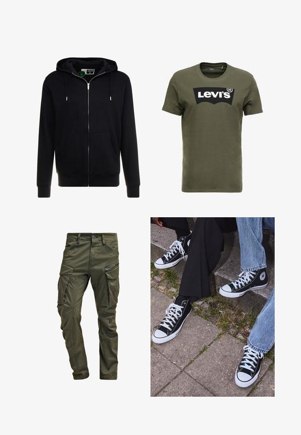 Sort hættejakke med lynlås lavet af bomuld, med en snøre i hætten, frontlommer og ribbede manchetter og kant. Glat tekstur, enkelt design.; Oliven grøn bomulds t-shirt med et stort sort Levi's logo på forsiden. Klassisk rund hals og korte ærmer, glat tekstur.; Olivenfarvede cargo-bukser lavet af slidstærk bomuld. Har flere lommer, en lynlåslomme på siden og tapered ben med en let tekstureret overflade.; Sorte høje canvas sneakers med hvide gummisåler og snørebånd, prydet med et cirkulært logo på siden og parret med denim og sorte bukser.