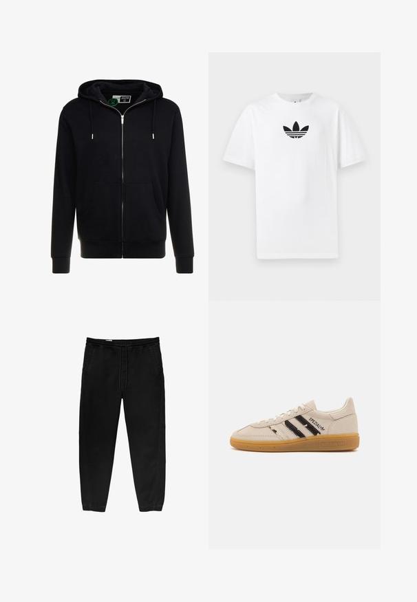 Zwarte rits-hoodie van katoen, met een trekkoordcapuchon, voorzakken en ribgebreide manchetten en zoom. Glad textuur, eenvoudig ontwerp.; Witte katoenen T-shirt met een zwart Adidas-logo in het midden. Korte mouwen en een ronde hals. Gladde textuur.; Zwarte elastische taillebandbroeken met een trekkoord, taps toelopende benen, zijzakken en subtiele stiksels aan de zijkanten. Zachte katoenachtige stof.; Beige suède sneakers met zwarte streepjes en de tekst "Spezial", voorzien van een gestructureerde gumrubberen zool en een klassieke vetersluiting.