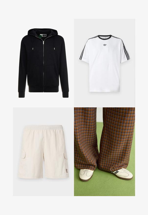 Čierna mikina na zips vyrobená z bavlny, s kapucňou na šnúrku, prednými vreckami a rebrovanými manžetami a spodným okrajom. Hladká textúra, jednoduchý dizajn.; Biela tričko vyrobené z bavlny, so čiernym okrúhlym výstrihom a tromi čiernymi pruhmi na každom pleci. Malé čierne logo na hrudi.; Bežové cargo šortky s elastickým pásom, dvoma bočnými vreckami a malým logom na dolnom pravom boku. Hladká, ľahká tkanina.; Hnedé a modré kárované nohavice s širokými nohavicami skombinované s bielymi topánkami s čiernymi akcentmi a textúrovanými podrážkami, umiestnené na zelenom pozadí.